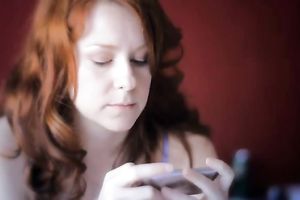 Captivating redhead beauty in blue suit blows dong for ejaculation