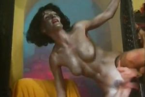 Short-haired brunette hair in body paint acquires group-fucked hard