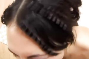 Horny brunette with glamorous eyes sucks the toolbox