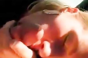 Lovely golden-haired GF gives head in a car in the morning