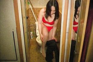 Lovely non-professional Asian honey in the bath disrobes and piddles