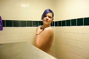 Watch purple-haired me washing my moist mounds in the shower