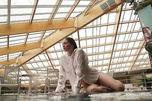 Sizzling hawt redhead legal age teenager takes off white shirt underwater