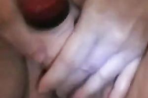 Plumpy girlfriend diddles her hairless soaked bawdy cleft with sex-toy