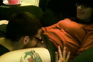 Cute and nerdy brunette hair girl enjoys fleshly carpet munch