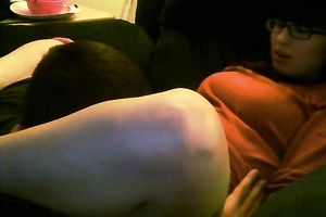 Cute and nerdy brunette hair girl enjoys fleshly carpet munch