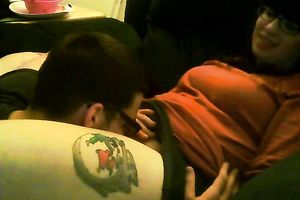 Cute and nerdy brunette hair girl enjoys fleshly carpet munch