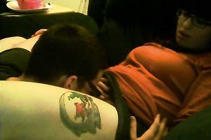 Cute and nerdy brunette hair girl enjoys fleshly carpet munch