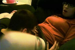 Cute and nerdy brunette hair girl enjoys fleshly carpet munch