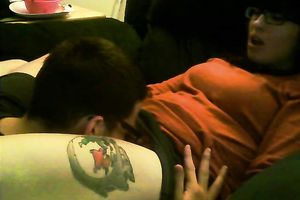 Cute and nerdy brunette hair girl enjoys fleshly carpet munch