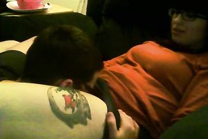 Cute and nerdy brunette hair girl enjoys fleshly carpet munch