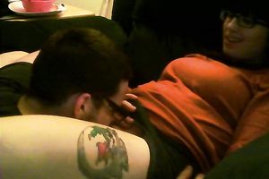 Cute and nerdy brunette hair girl enjoys fleshly carpet munch