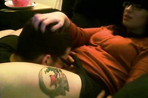 Cute and nerdy brunette hair girl enjoys fleshly carpet munch