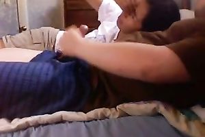 Kinky black haired slothful white wife got bored and teased her hubby's 10-Pounder a bit