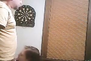 Sexy all natural black haired playgirl stood on knees to engulf a yummy wang