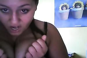 Webcam solo with perverted overweight brunette licking and kneading her milk cans