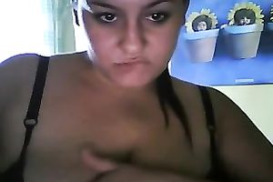 Webcam solo with perverted overweight brunette licking and kneading her milk cans