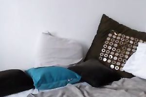 Happy and hawt well shaped brunette hair babe tenderly rubs her oiled muff