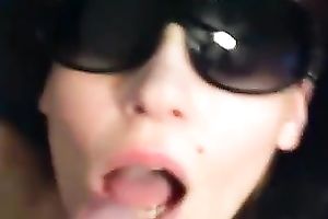 Svelte natural slender dark brown MILF in sunglasses was willing for some jizz flow
