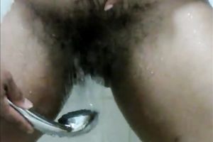 Amateur lusty dark head flashed her likewise unshaved cunt which this babe washed