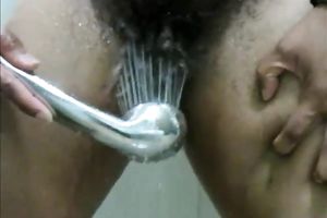 Amateur lusty dark head flashed her likewise unshaved cunt which this babe washed