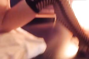 Blond haired hot leggy babe in fishnet nylons used dildo for her anus