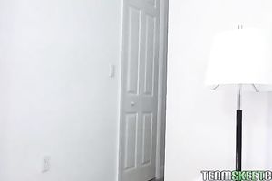 Cute auburn girlie brags of her smooth arse in belts and gives BJ