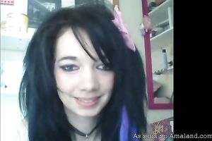 Pretty breasty sexually excited brunette flashes boobies and tickles her fine twat