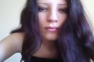 Mesmerizing dark brown legal age teenager beauty on web camera flashing bra buddies