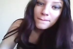 Mesmerizing dark brown legal age teenager beauty on web camera flashing bra buddies