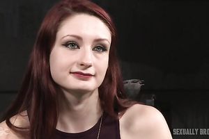Redhead pale skin vixen handcuffed and facefucked on her knees