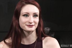 Redhead pale skin vixen handcuffed and facefucked on her knees