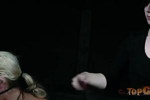 Busty blond beauty with hairless fur pie tied up to the chair