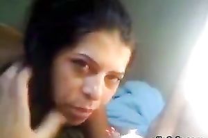 See my wanton brunette coed engulfing my corpulent pecker in dorm room