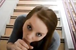 Chestnut haired amateur GF of mine gives me BJ in the stairs