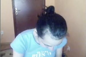 Skinny brunette hair college sweetheart flashes her milk cans on livecam