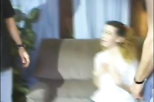 Curly haired youthful lean doxy feeds on large rods on the sofa