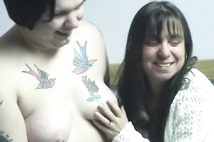 Fat big beautiful woman tattooed floozy acquires her pussy eaten by cute lesbian legal age teenager