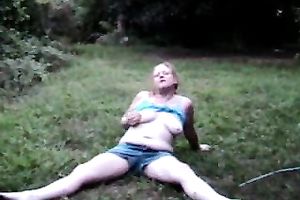 Going wild in the backyard - my obese redhead gf masturbates outdoors