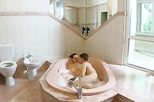 Lusty skinny chick of my buddy got screwed right in the washroom tub