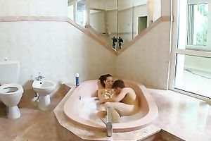 Lusty skinny chick of my buddy got screwed right in the washroom tub