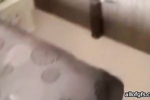 Stunning dilettante golden-haired chick with large mangos gives head on home episode