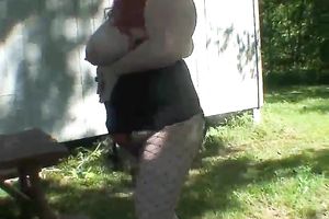 Red haired big beautiful woman in dark fishnet nylons was teasing her own cunt