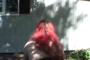 Red haired big beautiful woman in dark fishnet nylons was teasing her own cunt