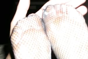 Glazed my wife's feet in fishnet nylons with my hawt sex cream
