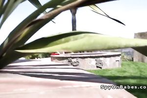 Spied breasty legal age teenager team-fucked at outdoor pool