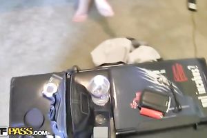 Comely legal age teenager Brandy flashes her tits and plays guitar