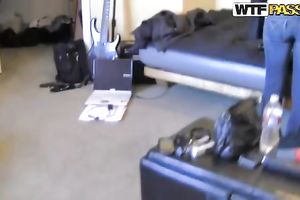 Comely legal age teenager Brandy flashes her tits and plays guitar