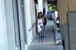 Hot brunette hair stranger hotwife in constricted jeans spied and recorded on livecam