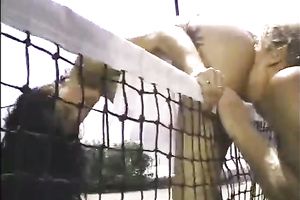 Attractive black-haired princess receives gangbanged on the tennis court